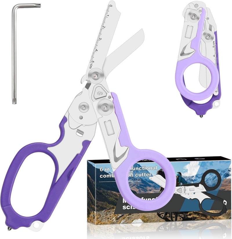 Lemasa 6-in-1 Heavy-Duty Emergency,trauma shears, Folding Retractable Emergency Shears, Outdoor Camping Tools, Seat Belt Cutter, Oxygen Cylinder Wrench, Complimentary Adjustable Wrench (Purple) - Image 1